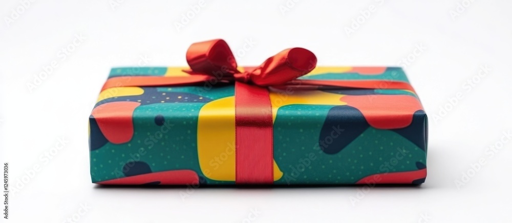 Poster vibrantly wrapped christmas gift with decorative ribbons and ample empty space for personalized text