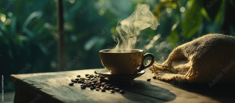 Poster steam rising from a coffee cup beside roasted beans in a burlap sack on a rustic wooden table with a