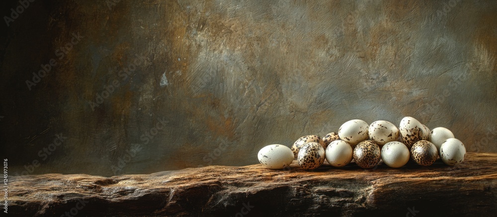 Poster quail eggs arranged on a rustic wooden surface with a textured background for a natural and artistic