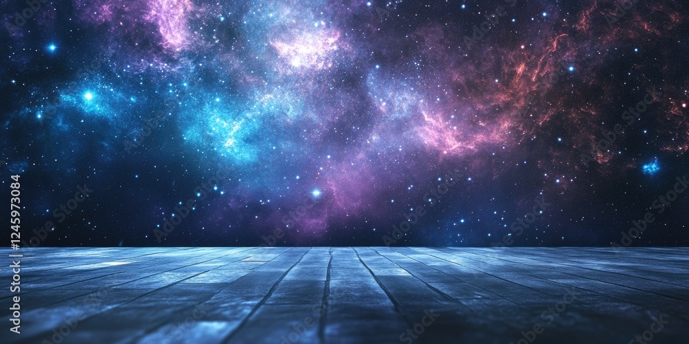Poster empty stage with galaxy background ideal for text overlay in cosmic theme presentation or creative p