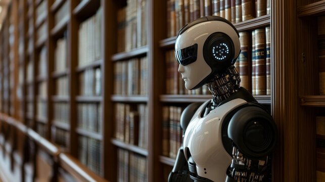 A sleek humanoid robot stands proudly in a grand library, surrounded by shelves of books that blend history and innovation. Its design symbolizes the fusion of knowledge and advanced technology
