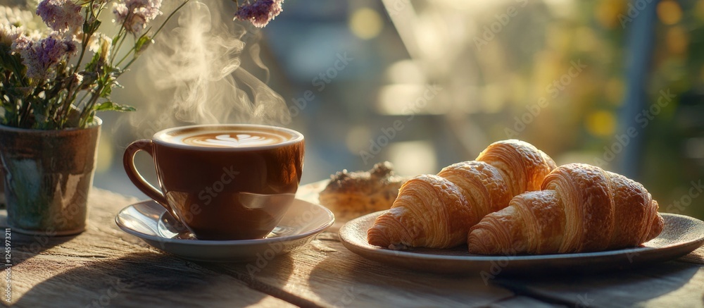 Poster freshly brewed coffee served with buttery croissants on a rustic wooden table surrounded by soft mor
