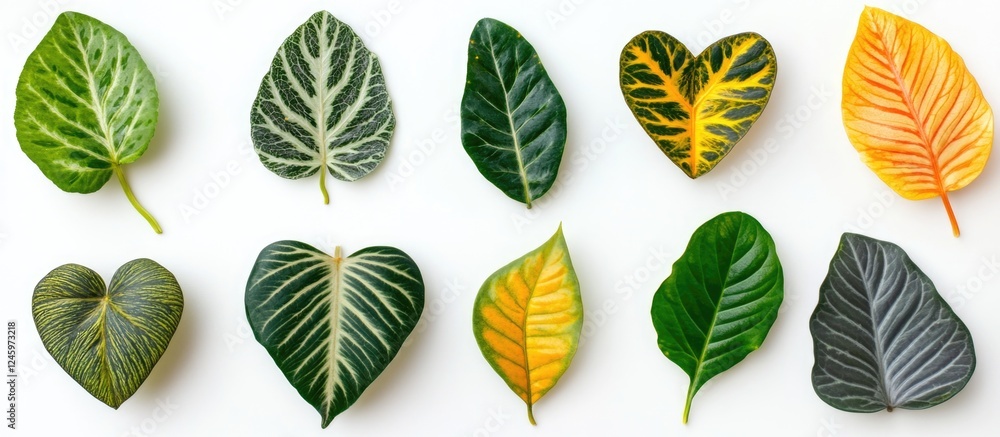 Poster Diverse collection of uniquely patterned and shaped leaves arranged aesthetically on a light background for botanical design inspiration.
