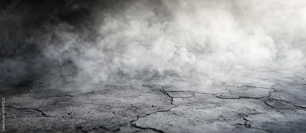 Leinwandbilder Concrete floor with cracked surface and ethereal smoke background creating a dramatic atmospheric setting for artistic compositions.