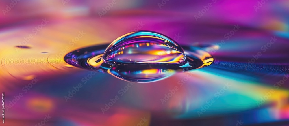 Poster vibrant water drop reflecting colors on dvd surface with abstract background
