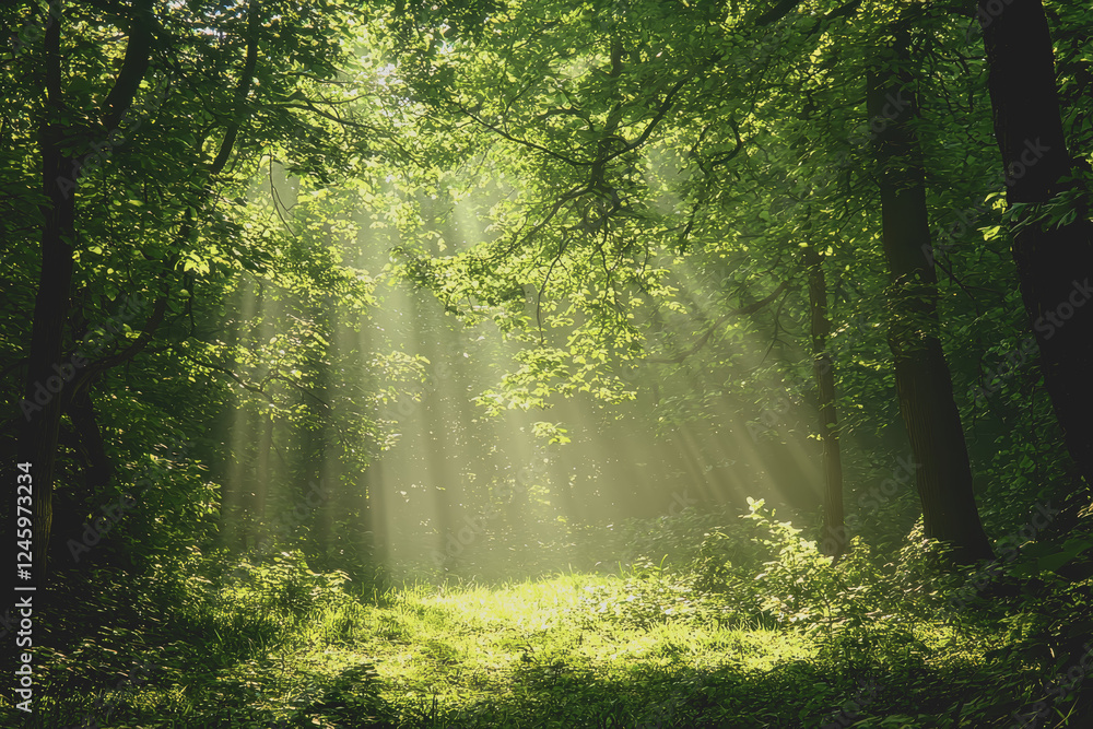 Poster sunlight streaming through trees in a lush green forest creating a beautiful natural scene with vivi