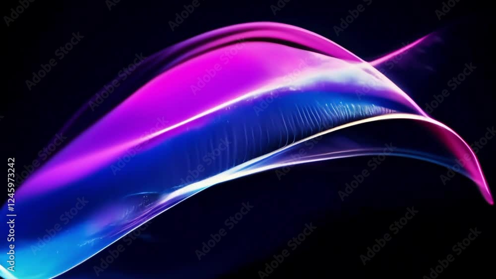 Poster glowing purple waves with flowing light patterns in a dark abstract background
