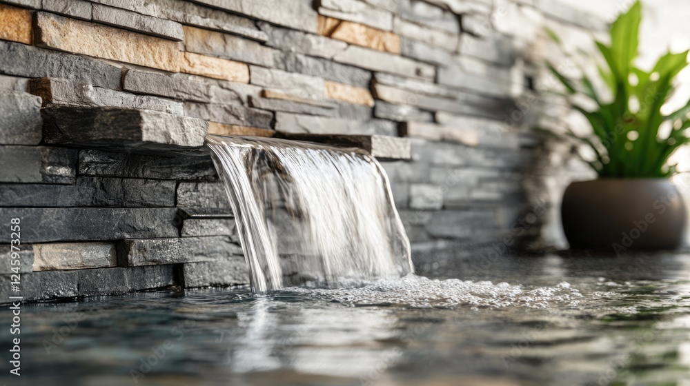 Poster serene water cascading over textured stone with tranquil atmosphere and ample space for text placeme