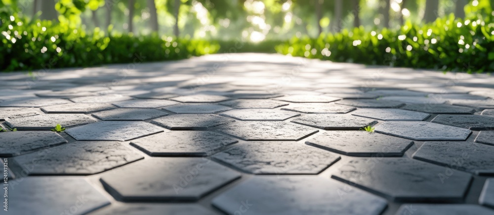 Poster hexagonal concrete paving texture with natural light and greenery in an outdoor setting for landscap