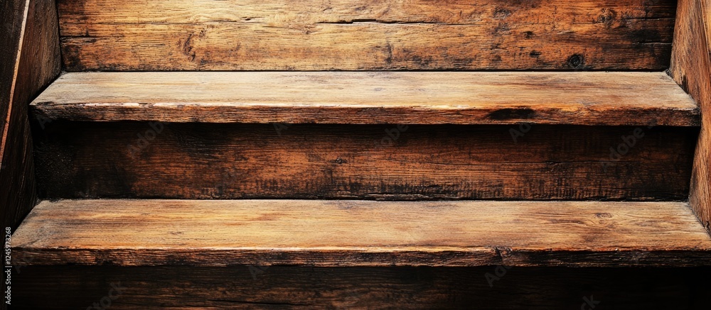 Poster footsteps on rustic wooden staircase with empty space for text and design elements