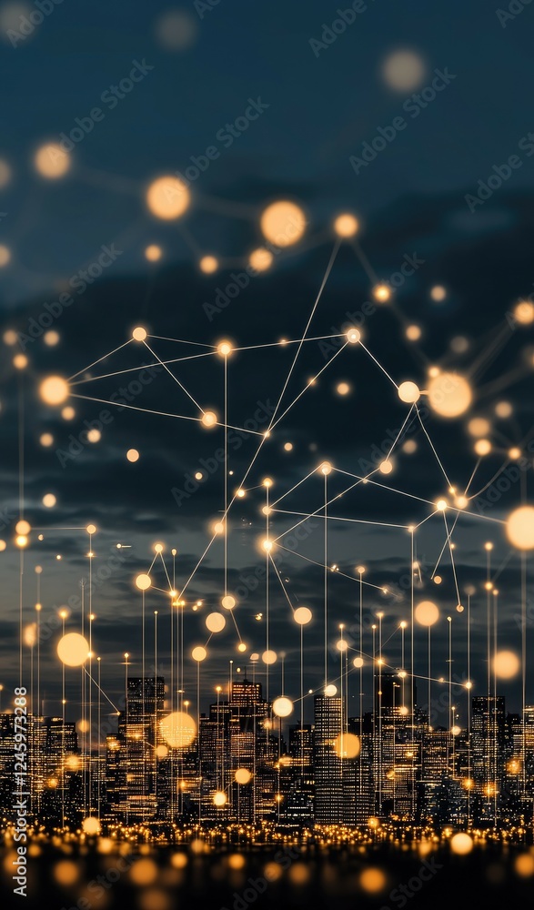 Poster a beautiful twilight skyline features a city linked by holographic lines, symbolizing advanced tech 
