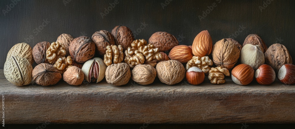 Poster Authentic assortment of raw mixed nuts in shells arranged on rustic wooden background with rich textures and earthy tones