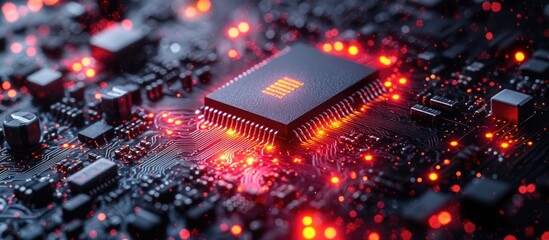Close-up of illuminated electronic circuit board with microchip and glowing components showcasing technology and innovation in electronics