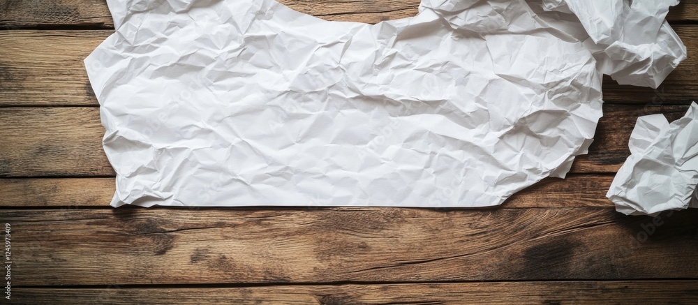 Aufkleber crumpled white paper texture on rustic wooden surface for creative backgrounds or presentations