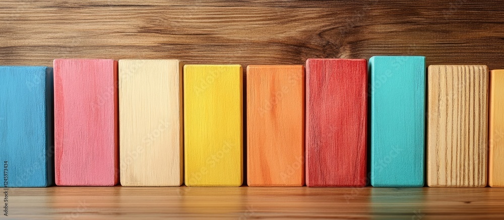 Poster Colorful Wooden Blocks on Wooden Background with Blank Space for Custom Text or Messages in a Playful and Creative Setting