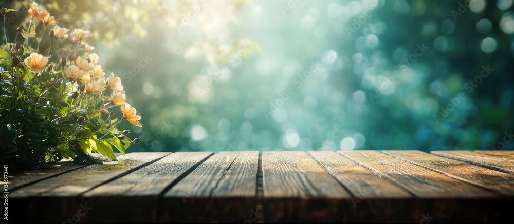 Poster wooden table with soft bokeh background ideal for romantic themes and text placement in natural sett