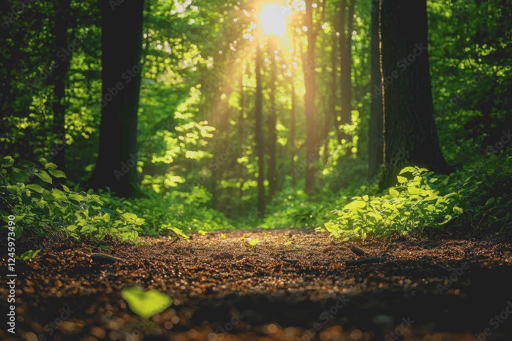 Poster sunlight filtering through tree canopy in lush forest creating natural patterns and shadows on groun