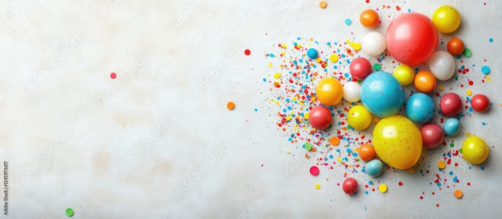 Aufkleber Colorful balloons and confetti scattered on a light background with ample blank space for customizable text or announcements