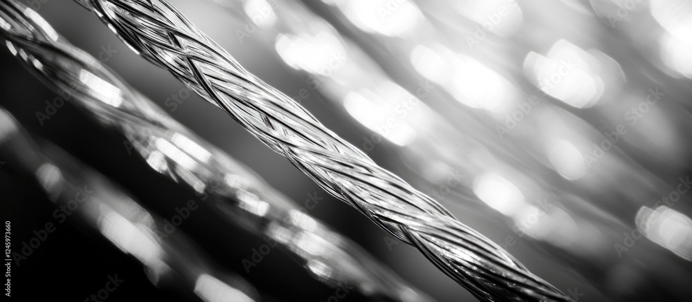 Poster monochrome abstract close-up of twisted metal wire creating a striking pattern against a blurred lig