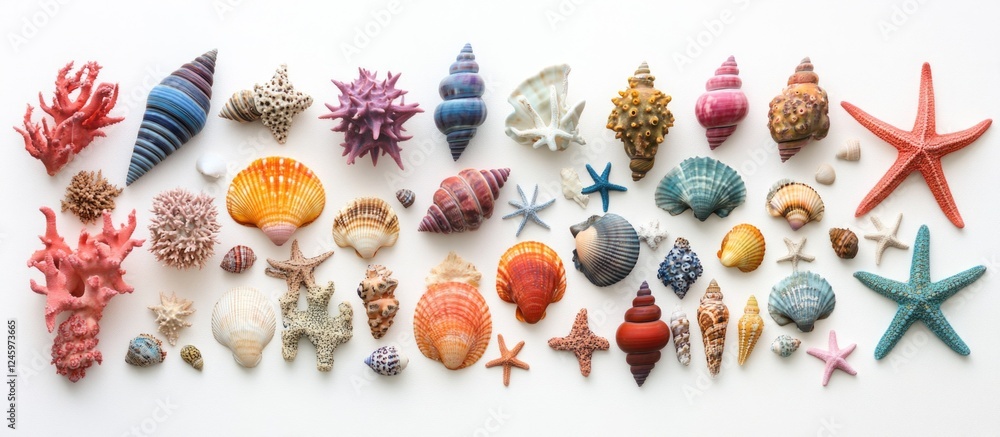 Poster assorted colorful seashells coral and starfish arranged on white background for coastal and marine t
