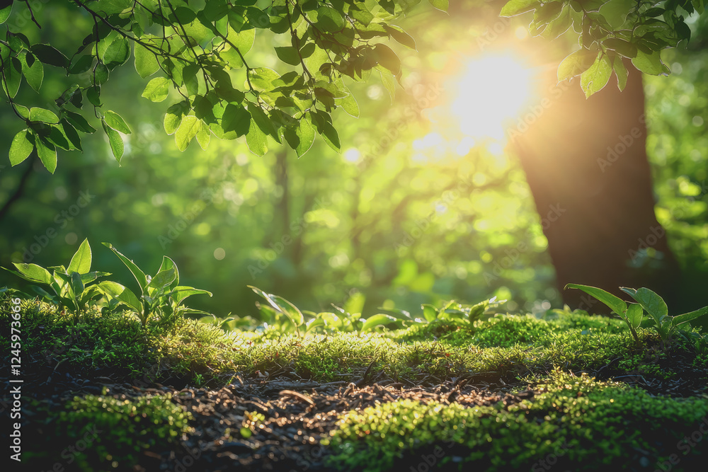 Poster sunlight filtering through lush green leaves in a dense forest creating a serene natural environment