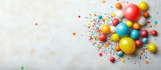 Colorful balloons and confetti scattered on a light background with ample blank space for customizable text or announcements