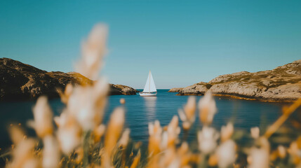 Serene Sailboat in a Calm Bay, Nature Landscape, Minimalism