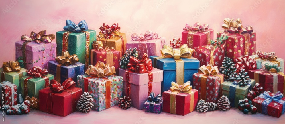 Poster vibrant assortment of beautifully wrapped christmas presents featuring various colors and patterns o