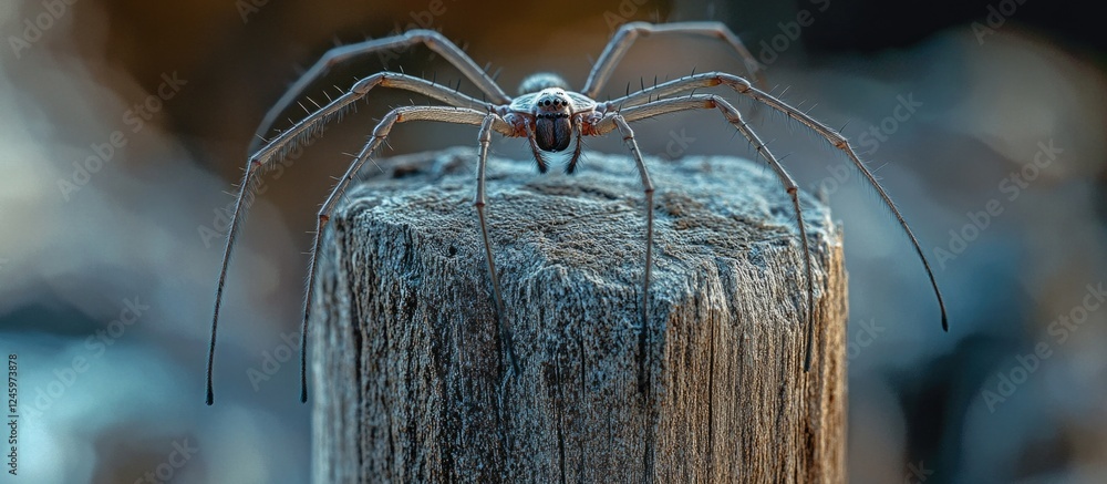 Aufkleber daddy longlegs perched on textured wooden post showcasing intricate details and ample negative space