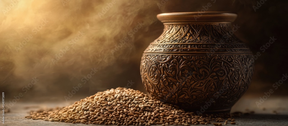 Poster cumin seeds spilling from an ornate vase with an oriental design against a dramatic background highl