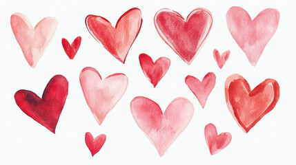 Colorful watercolor hearts in various sizes and shades of red and pink on a white background. isolated on white background.