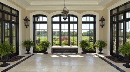 Obraz premium Elegant Sunlit Entrance with Potted Plants and Scenic Views