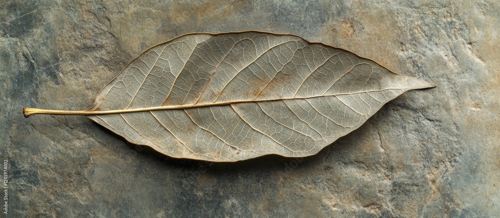 Poster dry pipal leaf resting on a textured concrete surface creating a natural and rustic aesthetic ideal 