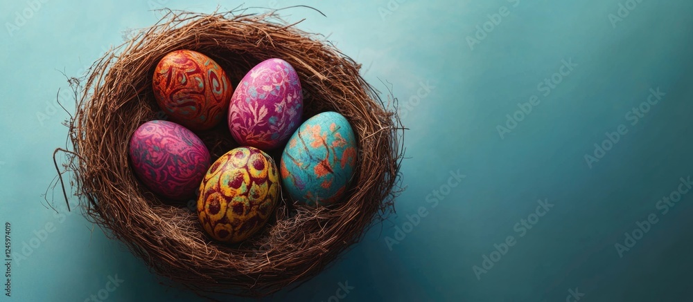 Poster colorful easter eggs in a nest on a soft blue background creating a vibrant and festive springtime f