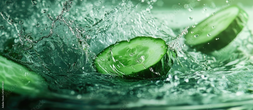 Poster fresh cucumber slices creating a splash in a refreshing glass of water highlighting hydration and he