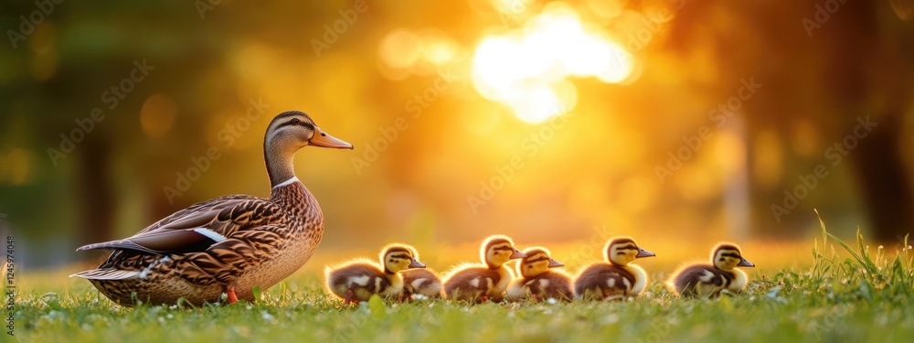 Aufkleber duck family with ducklings enjoying a serene sunset in the park with ample empty space for text or m