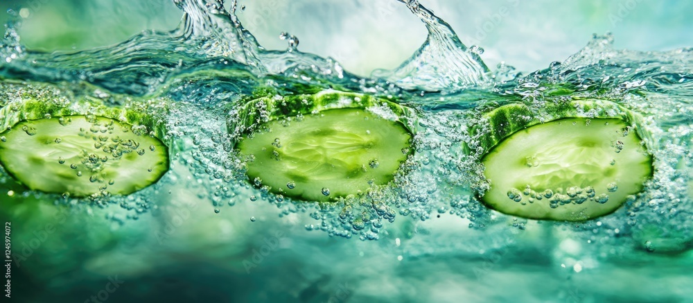 Aufkleber fresh cucumber slices creating splashes in clear water for a vibrant and refreshing beverage concept