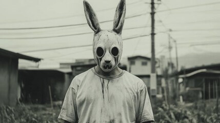 Masked person, rural setting, unsettling mood, horror film still