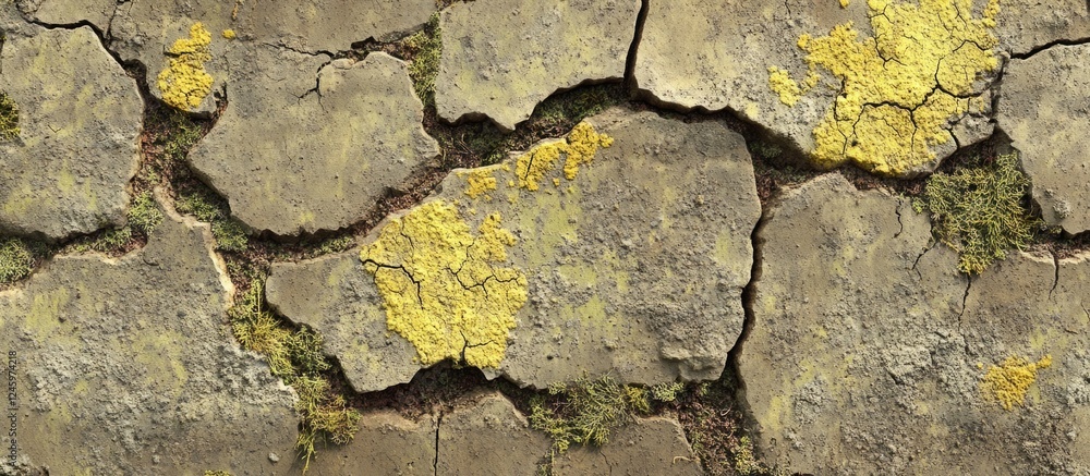Poster cracked concrete wall surface with lichen and moss highlighting the aging texture and natural elemen