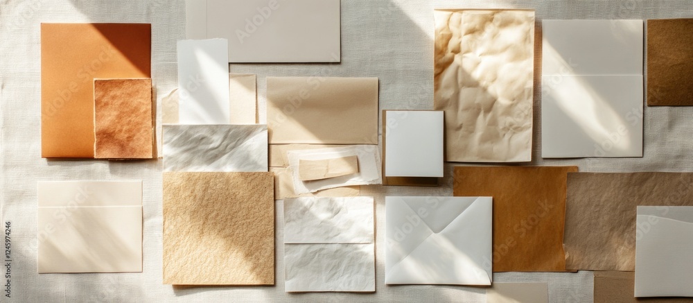 Fototapete Assorted textured paper cards and tags displayed on a light surface with soft shadows creating an artistic composition and visual depth.