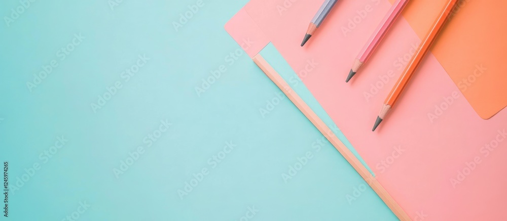 Poster Creative workspace layout with colorful stationery and empty space for personalized text or ideas on a pastel background