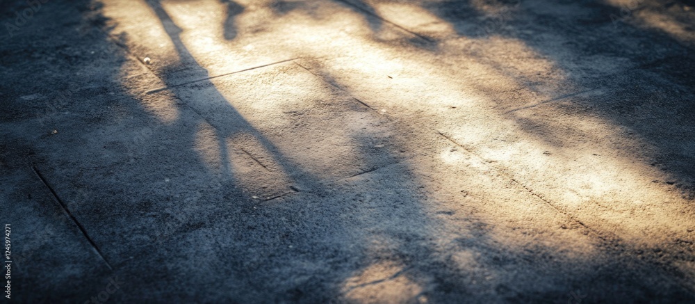 Poster sunlit concrete pavement casting shadows in a serene outdoor setting showcasing textures and warm li