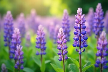 Obraz premium Abstract blur effect adds depth and interest to a field of lavender-colored lupines and greenery, springtime, purple flower
