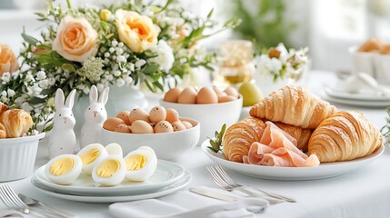 Easter day celebration with pastel tone eggs and croissants family table bright atmosphere
