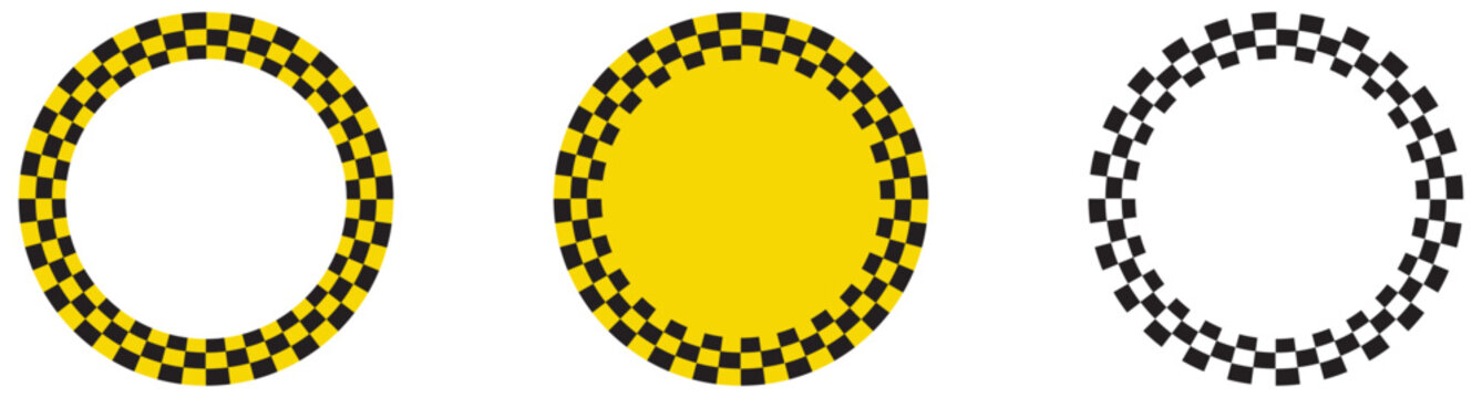 Checkerboard round race flag. Circle frame with checkered pattern. Round border with checkerboard pattern, made of a checkerboard diagram. Chequered alternating squares circular border. Circle checker