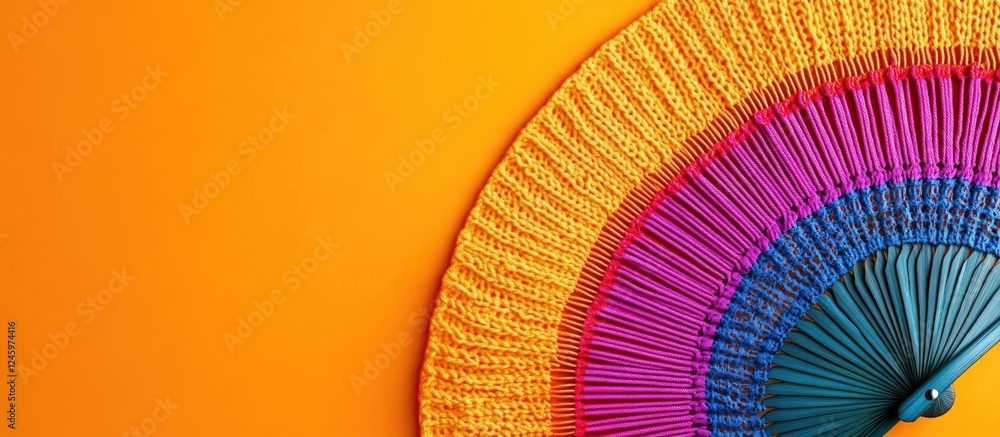 Poster colorful decorative fan with vibrant knitted cover set against bright background empty space for tex