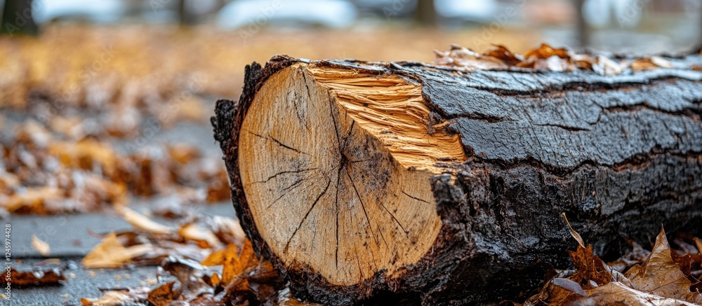 Poster close-up of weathered tree stump showing intricate texture and details after storm, surrounded by fa