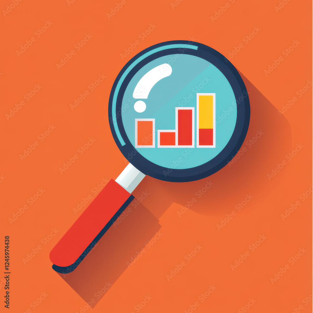 Poster magnifying glass highlighting data charts on orange background, symbolizing analysis and research. t