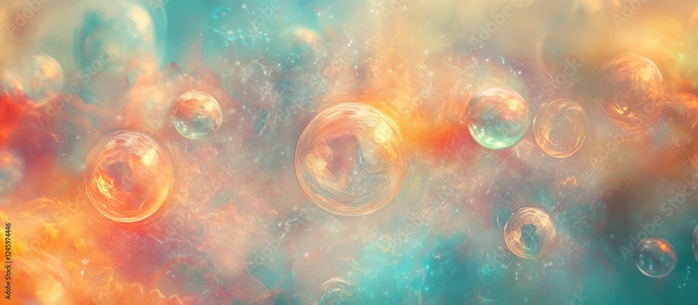 Poster Colorful ethereal bokeh background with soft glowing bubbles and vibrant hues for creative design and artistic projects.