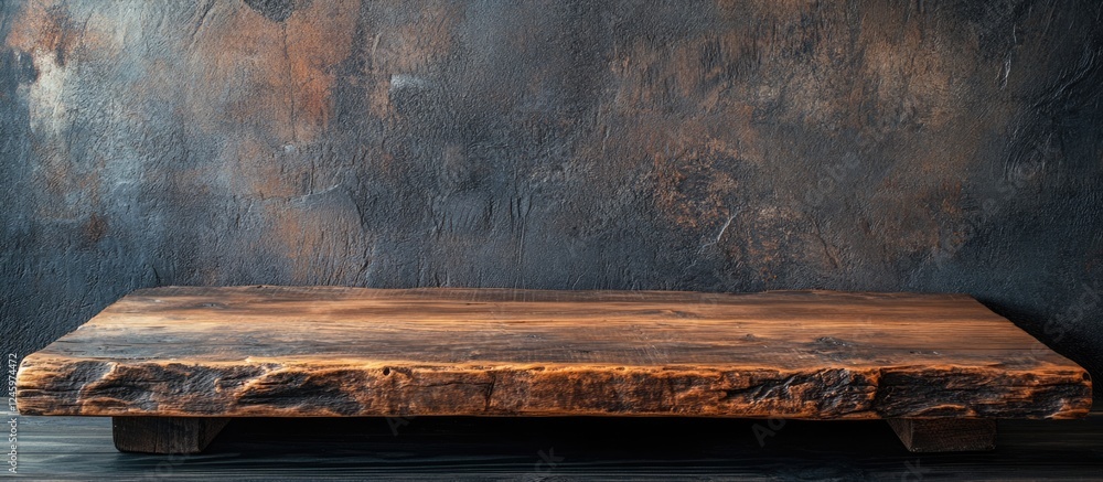 Poster rustic wooden tabletop against textured wall for product display with ample space for branding and t
